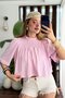 Women's Crew Neck Cropped Short Sleeve Blouse with Piping on the Chest, Pink - 2