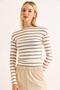Women's Stripe Pattern Wide Collar Long Sleeve Blouse Milk Coffee - 2