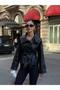 Women's Belted Stand Collar Leather Jacket - 3