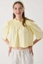 Women's Crew Neck Cropped Short Sleeve Blouse with Piping on the Chest, Yellow - 3