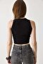 Women's Crew Neck Stone Detailed Crop Blouse Black - 4