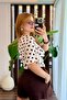 Women's Crew Neck Lycra Polka Dot Patterned Short Sleeve Blouse Brown - 3