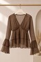 Women's Double-Breasted Collar Ruffled Transparent Blouse Brown