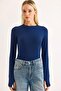 Women's Finger-Hole Long Sleeve Plain Blouse Navy Blue