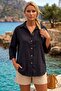 Black Shirt Collar 3/4 Sleeve Buttoned Casual Linen Look Long Back Woven Shirt 68 63 - 5