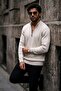 Men's Regular Striped Casual Cream Knit Sweater - 2