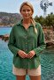 Green Shirt Collar 3/4 Sleeve Buttoned Casual Linen Look Long Back Woven Shirt 68 63 - 8