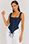 Retro Denim Lace-Up Corset – Navy Blue - 5