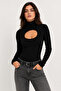 Women's Black Turtleneck Low-Cut Long Sleeve Slim Fit Blouse - 4