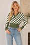 Women's Double Breasted Collar Long Sleeve Elastic Waist Cross Striped Short Crop Mint White Knitwear Sweater - 6