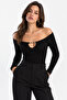Women's Black Boat Neck Accessory Detailed Low-Cut Long Sleeve Slim Fit Blouse - 7