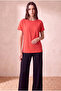 Women's Modal / Cotton Brick Red Folded Short Sleeve Drop Shoulder Crew Neck T-Shirt Palma - 4