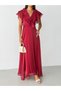 Burgundy Double-Breasted Collar Long Dress with Flounce Sleeves - 6
