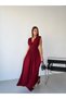 Burgundy V-Neck Waist Corset Pleated Long Dress - 2