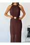 Brown Halter Neck Pleated Belt Detailed Lined Midi Dress - 4