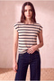 Women's 100% Cotton Ecru/Navy Blue Striped Short Sleeve Crew Neck Knitwear Look Blouse Frida - 3