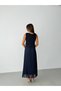 Navy Blue Zero Sleeve Pleated Lined Chiffon Dress - 6