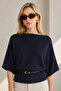 Women's Navy Blue Belted Bat Sleeve Knitwear Blouse - 2