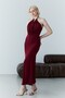 Burgundy Degaje Collar Long Dress with Gold Accessory Detail - 2