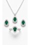 Emerald Green Crystal Stone Drop Necklace Earrings and Adjustable Ring 3-Piece Jewelry Set Silver Color