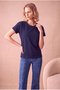 Women's Modal / Cotton Night Blue Folded Short Sleeve Detailed Off Shoulder Crew Neck T-Shirt Palma - 5