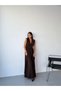 Brown V-Neck Waist-Corseted Pleated Long Dress - 3