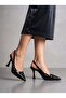 Black Crinkled Patent Leather Pointed Toe Slingback Heeled Shoes Laser Cut Wavy Edge Goblet Heel Stylish - 5