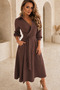 Brown Shirt Collar Double Breasted Half Sleeve Self Belted Pocketed Crepe Fabric Dress - 2