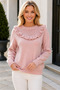 Women's Round Neck Long Sleeve Ruffled Collar Mesh Detailed Transparent Stylish Casual Powder Knitwear Sweater - 6