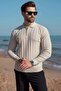 Stone Color Polo Collar Knitted Patterned Knitwear Men's Sweater E7507 - 5