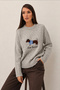 Women's Gray Dog Figured Embroidered Crew Neck Long Sleeve Loose Fit Oversize Knitwear Sweater - 2