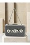 Anthracite Gray Platinum Striped Satin Silver Detailed Crystal Stone Chain Strap Women's Evening Dress Bag Wedding Engagement Graduation - 3