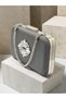 Anthracite Gray Platinum Striped Satin Silver Detailed Crystal Stone Chain Strap Women's Evening Dress Bag Wedding Engagement Graduation - 7