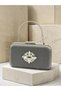 Anthracite Gray Platinum Striped Satin Silver Detailed Crystal Stone Chain Strap Women's Evening Dress Bag Wedding Engagement Graduation - 3