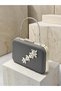 Anthracite Gray Platinum Striped Satin Silver Detailed Crystal Stone Chain Strap Women's Evening Dress Bag Wedding Engagement Graduation - 2