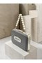 Anthracite Gray Platinum Striped Satin Silver Detailed Crystal Stone Chain Strap Women's Evening Dress Bag Wedding Engagement Graduation - 2