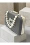 Anthracite Gray Platinum Striped Satin Silver Detailed Crystal Stone Chain Strap Women's Evening Dress Bag Wedding Engagement Graduation - 7