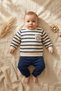Baby and Child Striped Smiley Embroidered 100% Cotton 2-Piece Top and Bottom Set - Navy Blue Cream Combination - 3