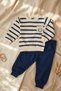 Baby and Child Striped Smiley Embroidered 100% Cotton 2-Piece Top and Bottom Set - Navy Blue Cream Combination - 2