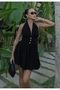 Women's Gold Buttoned Backless Halter Neck Seersucker Mini Dress - 4