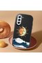 Samsung Galaxy S21 Fe Compatible Retro Style Sun Moon Sea Wave Pattern Shock Absorbing Black Silicone Case with Camera Protection - 3