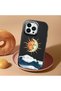 iPhone 12 Pro Max Compatible Retro Style Sun Moon Sea Wave Pattern Shock Absorbing Black Silicone Case with Camera Protection - 2