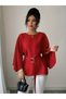 New Season Women's Long Sleeve Round Neck Bat Sleeve Belted Atlas Blouse - 2