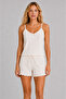 Women's Ecru Heart Patterned Thin Strap Shorts Pajama Set – Bow Detail Summer Two-Piece Loungewear Set
