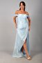Women's Strapless Lace Detailed Collar Low Sleeve Lined Draped Crinkle Satin Long Dress - 3