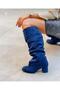 Pusi Dark Blue Suede Bellows-Heeled over the Knee Boots - 3