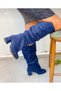 Pusi Dark Blue Suede Bellows-Heeled over the Knee Boots - 2