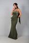 Women's Asymmetrical Strapless Collar Lined Crepe Long Dress with Stone Detail on the Front and Peplum Detail