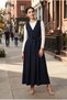Apsen Women's Navy Blue Polyviscon Gilet Dress with Front and Back Pleated Tie Detail 9112-135 - 5