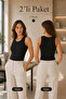 Women's Round Neck Ribbed 2-Piece Black Basic Undershirt 001 - 3